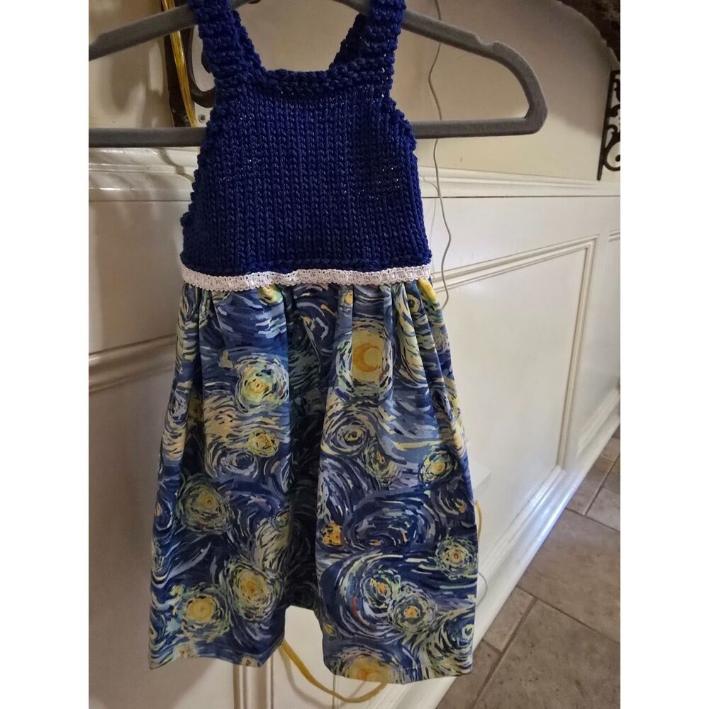 Hand Knit Top & Van Gogh Starry Sky Dress w Buttons Straps in Back Baby 0-3 MO